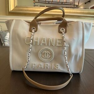 Chanel Large Deauville Pearl and Canvas Tote Bag in Ecru Beige